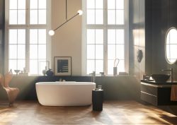 filtered sunlight in period bathroom with freestanding bath from Duravit