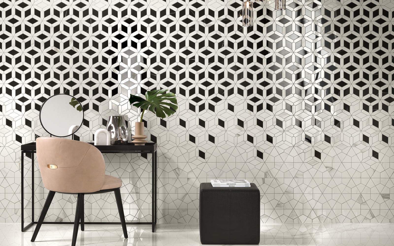 black and white geometric tile design on the wall behind a table and chair