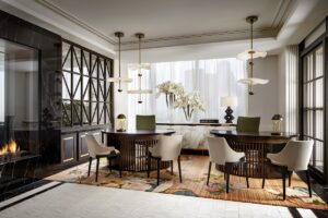 herringbone floor pattern with bespoke carpet featuring a botanical design under the 17th floor reception desks in Raffles Boston