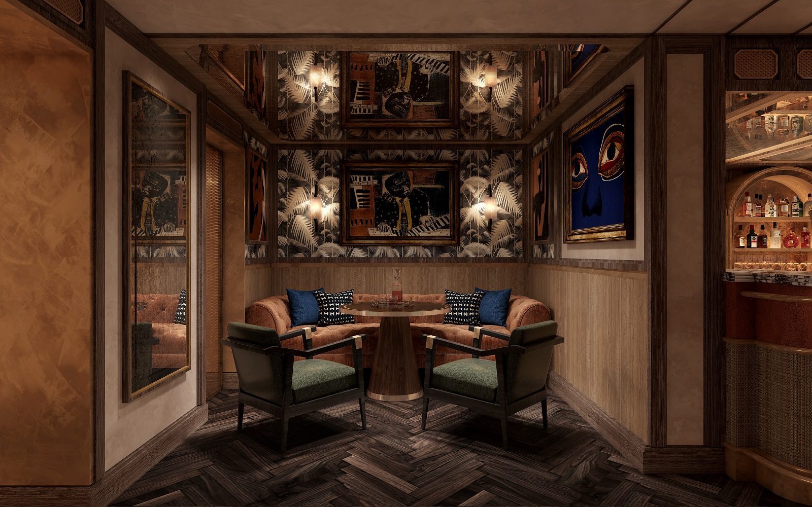 cgi image of corner of bascule bar in cape grace in low light and warm colours