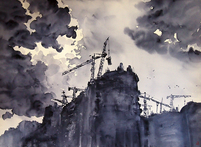 Aaron Gan, Rebuilding a Nation, 56 x 76 cm, Watercolour on paper, 2014