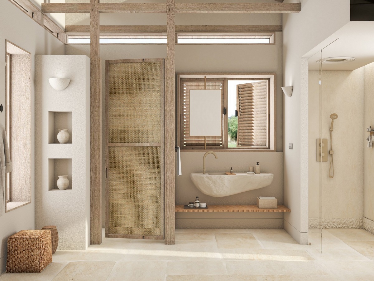 render of cabin bathroom with stone basin and natural surfaces