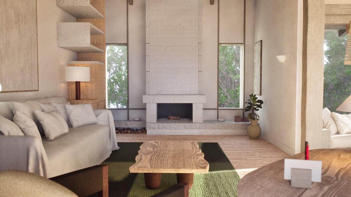 wood, linen, white and cream cabin interior ahama cabin