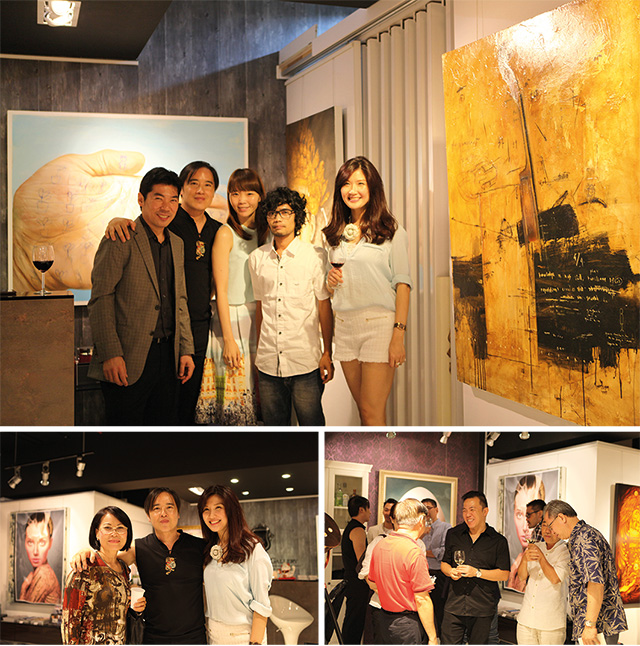 Clockwise from Top: Art Xchange Gallery Team with Ronald Walla and Agung Santosa,  Important Gallerists and guests blending in during the opening, and Art Xchange Director Benny Oentoro and wife Evelyn Sagita Kauw taking a picture with Thanh Kieu Moeller