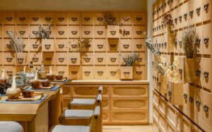 apothecary style display in the restaurant in Six Senses Kyoto