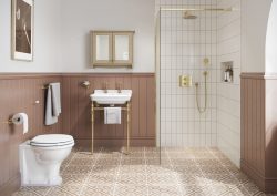 bathroom with patterned floor and panelled wall as backdrop for Burlington Guild fittings