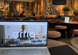 laptop on a table in hotel restaurant working environment