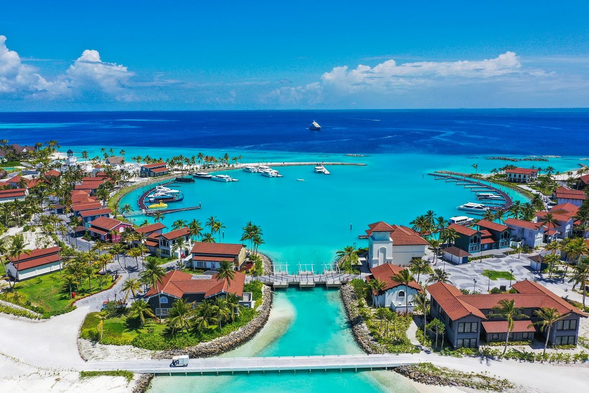 aerial view of lagoon and CROSSROADS marina development Maldives