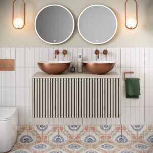 patterned floor tiles below double vanity with round mirrors and lights from Crosswater