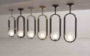 six ceiling lights suspended from concrete beam from the Crosswater Tranquil Lights Collection