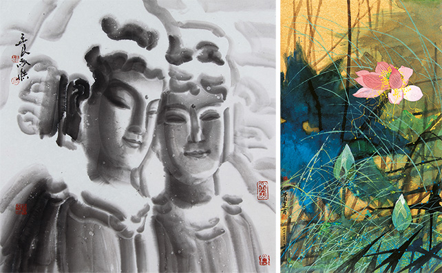 Left: Wang Yu Liang, Twin Statues in the Snow, Ink on Rice Paper, 68 x 68 cm, 2013 Right: Yuan Yun Fu, Shimmering Pond of Red Lotus, Ink & Colour on Rice Paper, 95 x 55 cm, 2011