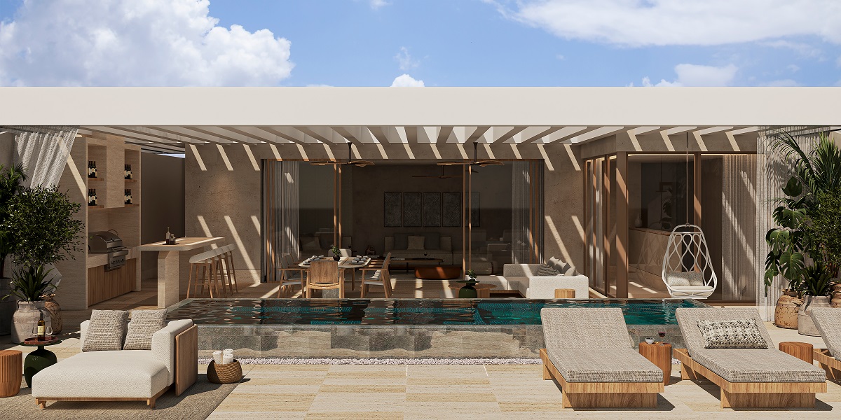 render of outdoor pool terrace with sunloungers 