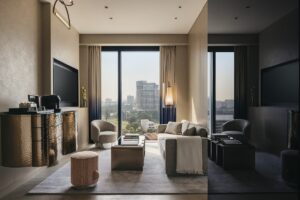 seating in guest suite at Mondrian singapore duxton with natural colours and contrasting metal surfaces