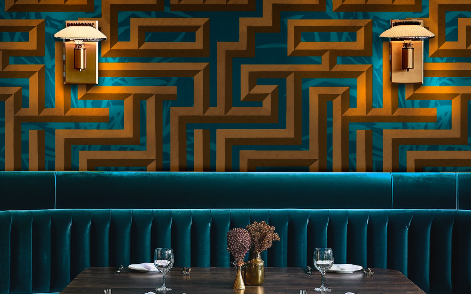 blue velvet banquette with blue and gold optic tropicwallpaper