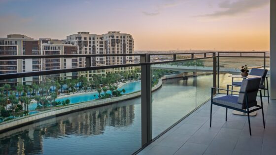 sunset view from terrace of executive suite at Palace Dubai Creek Harbour Hotel