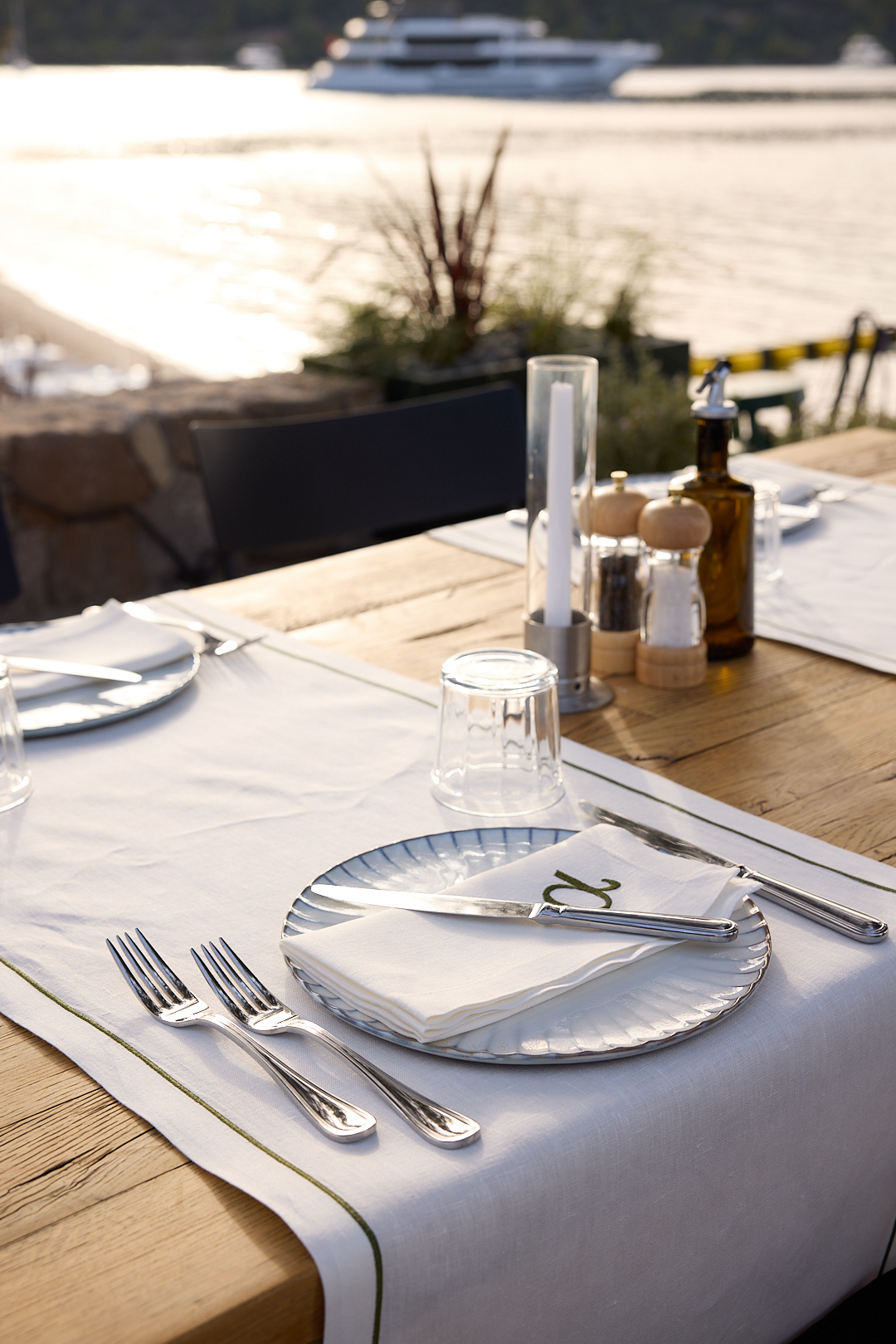 wood and white linen table setting