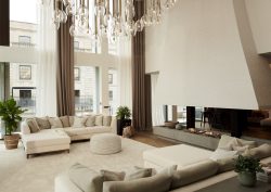 lounge and seating in front of glass doors in penthouse at 1 Mayfair