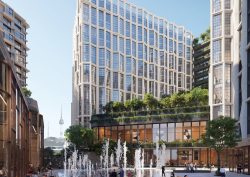 view from across the street with fountains in foreground of proposed Rosewood Seoul