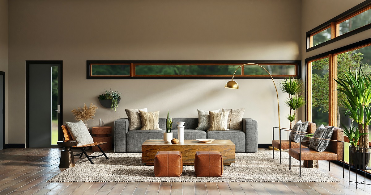 A minimalist living room with floor to ceiling window overlooking greenery