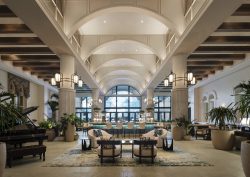 high volume barrelled ceiling in the palm court at Boca Roca with pillars on either side of central bar