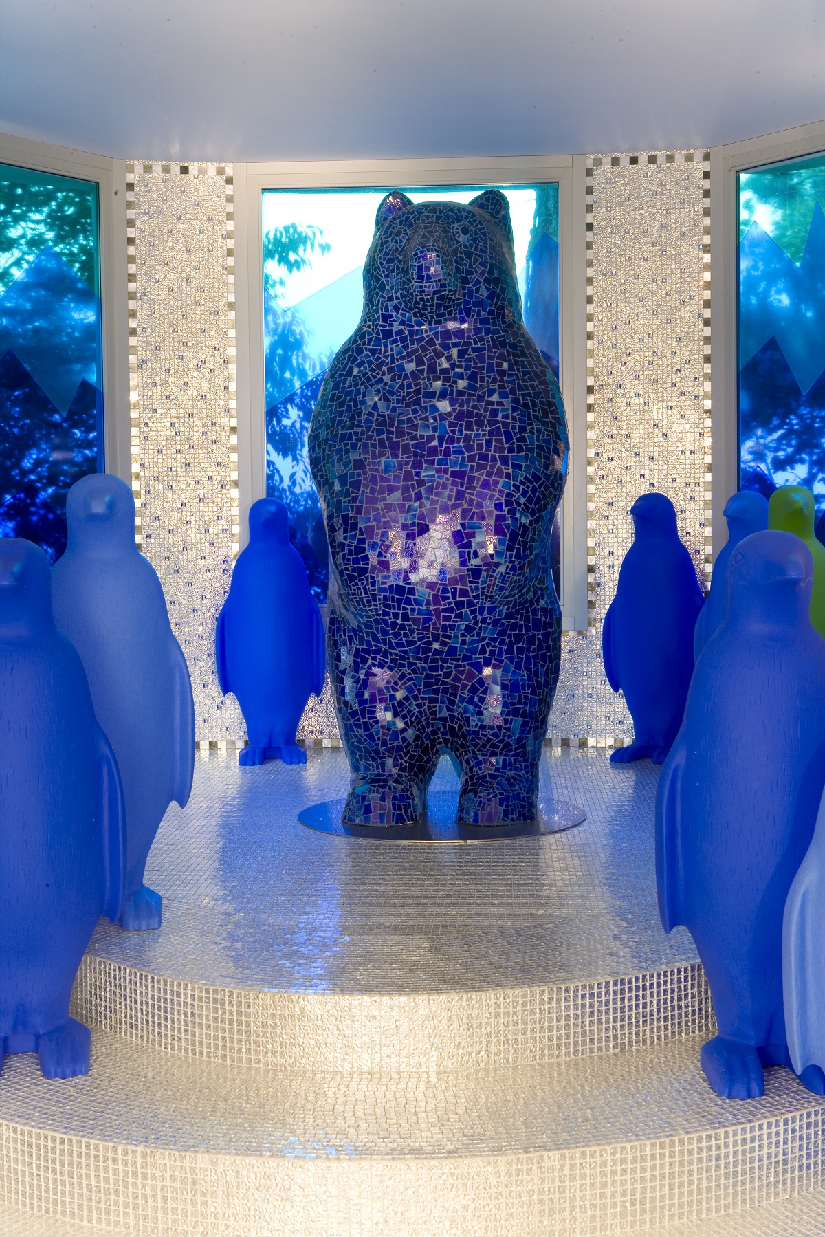 blue glass mosaic bears